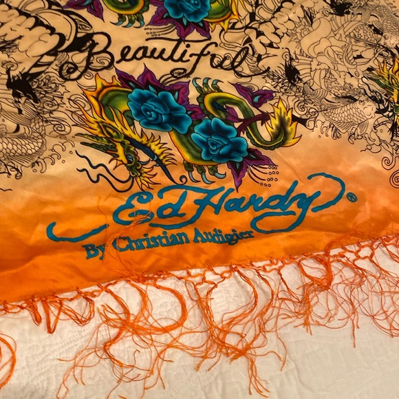 Y2K Ed Hardy by Christian Audigier - beautiful Silk floral Print Scarf - Picture 7 of 13